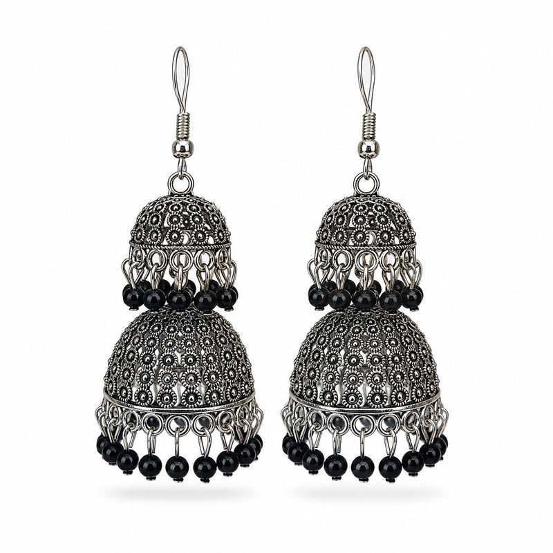 Oxidised silver tiered jhumka earrings with black bead drops