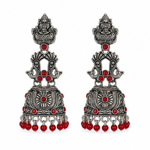 Oxidised silver Lakshmi peacock jhumka earrings with red stones