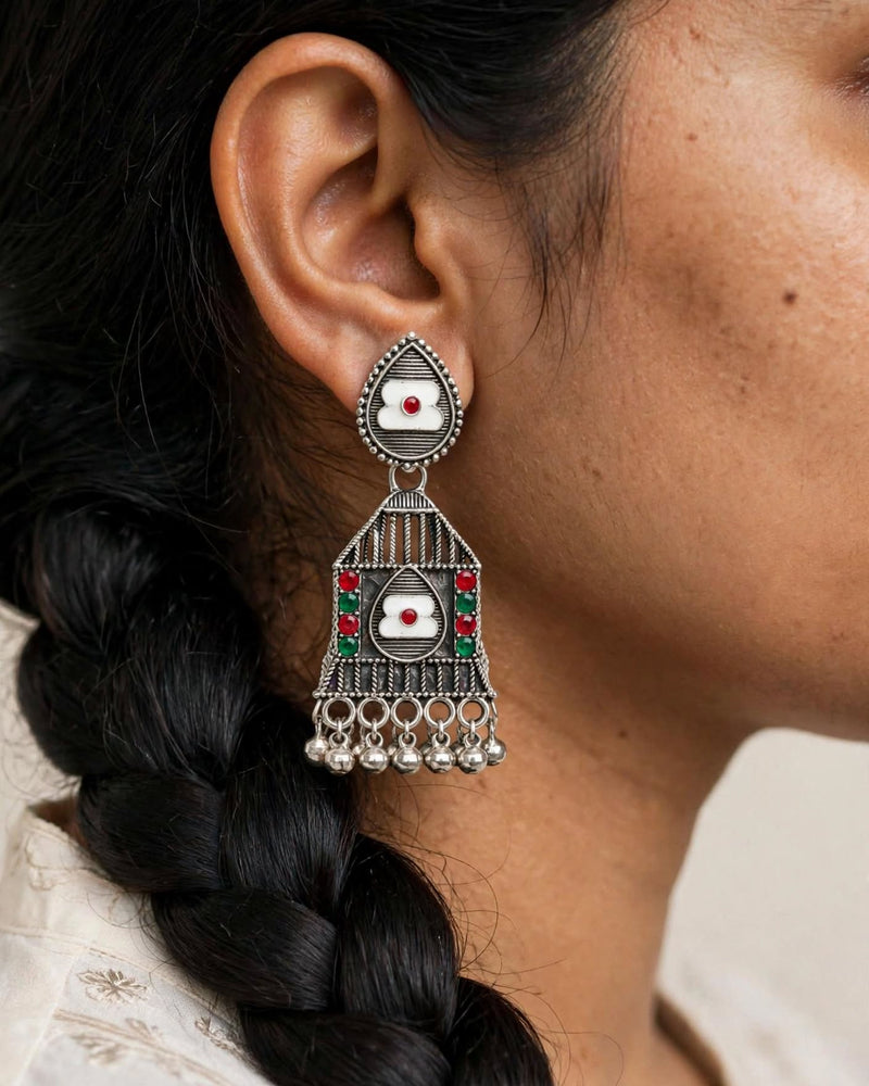 Oxidised Silver Plain Jhumka Earrings with Bead Drops