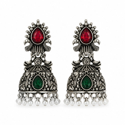 Oxidised silver Lakshmi peacock jhumka earrings with red and green stones