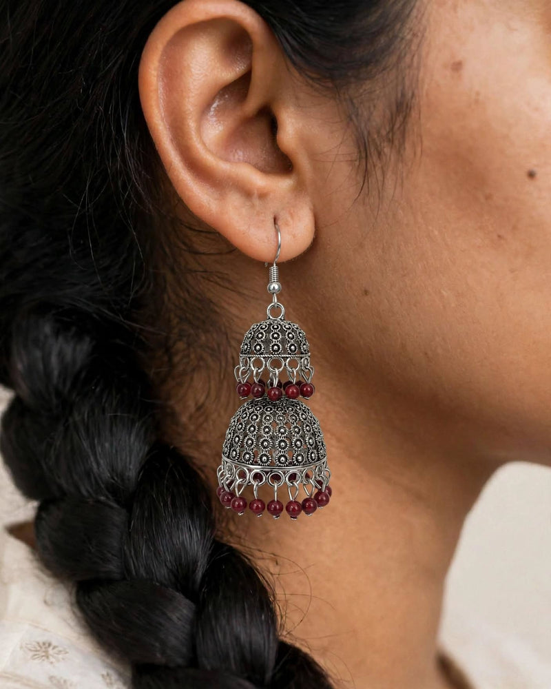 Oxidised Silver Floral Stud Jhumka Earrings with Bead Drops