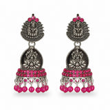 Silver Lakshmi temple jhumka earrings with pink stones and bead drops