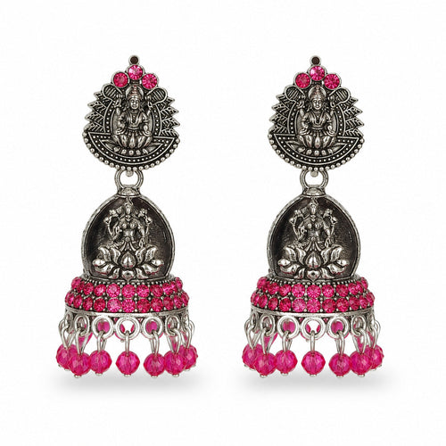 Silver Lakshmi temple jhumka earrings with pink stones and bead drops