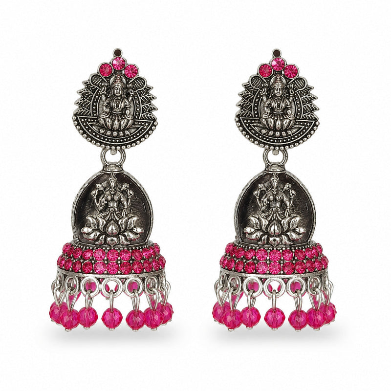 Silver Lakshmi temple jhumka earrings with pink stones and bead drops