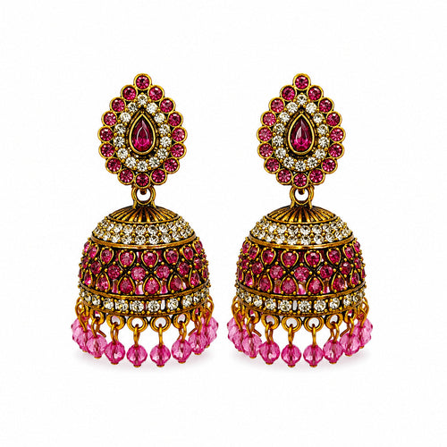 Oxidised Silver Lakshmi Peacock Red Stone Jhumka Earrings