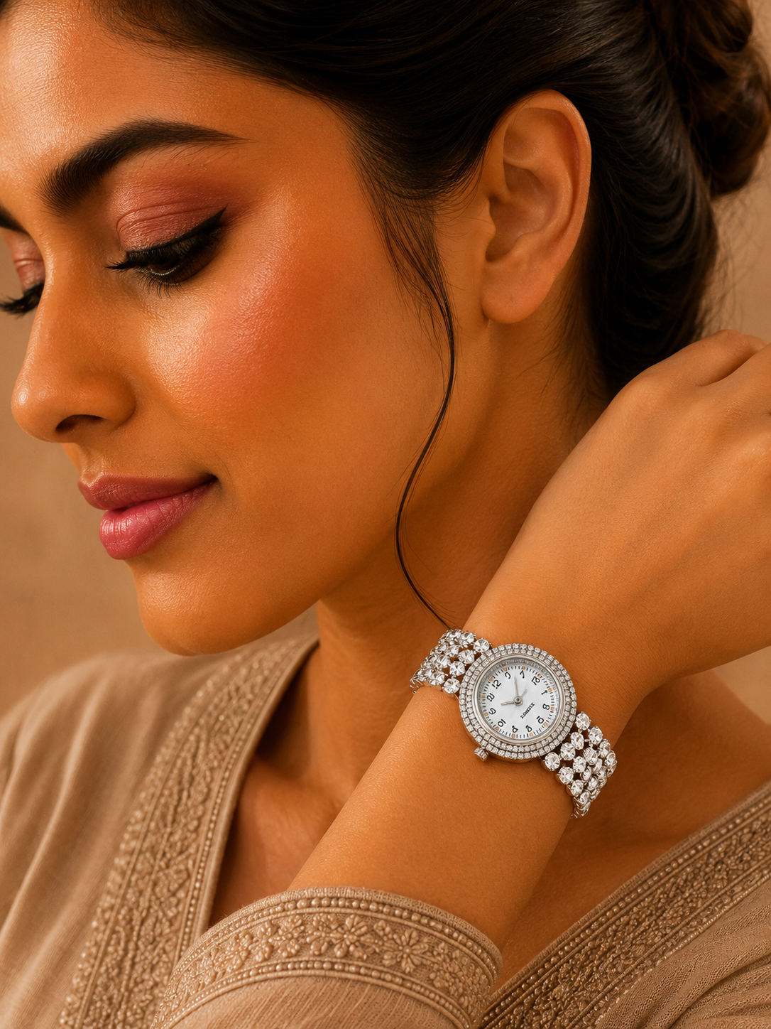 A close-up lifestyle shot of a woman wearing a silver-toned watch with a diamond-encrusted bezel and a matching diamond-embellished link bracelet. The watch has a white dial and is shown on her wrist against a warm beige background.