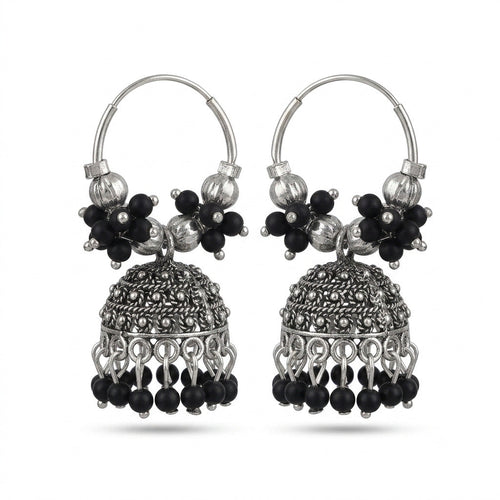 Oxidised Silver Black Stone Circle Jhumka Earrings