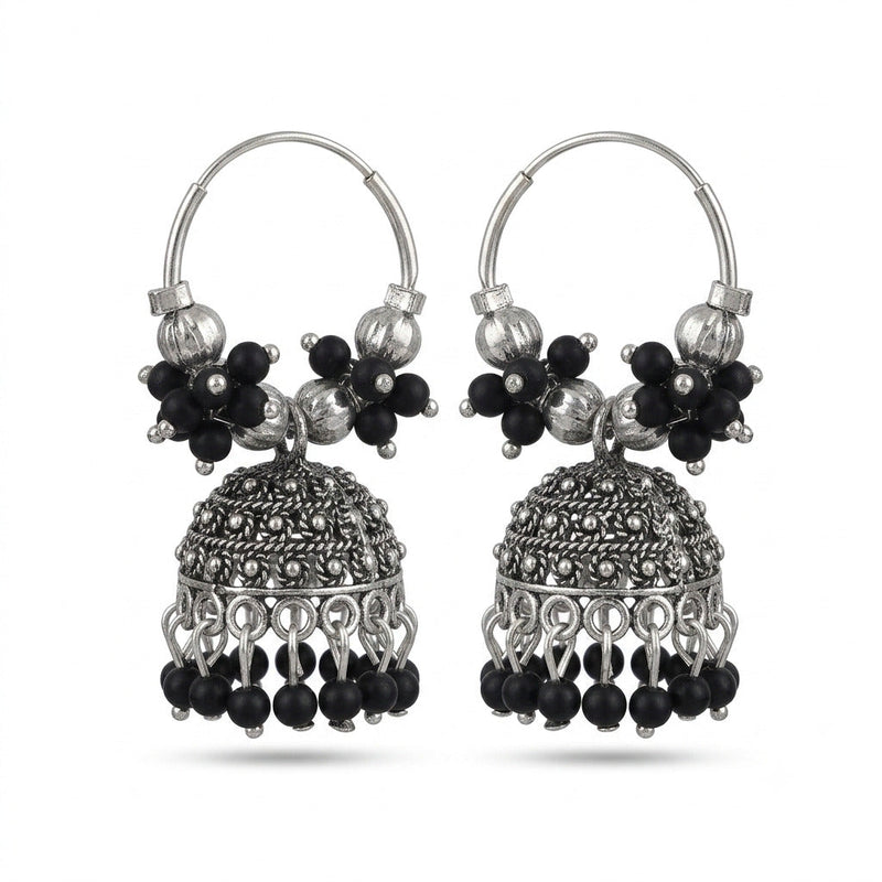 Oxidised Silver Black Stone Circle Jhumka Earrings
