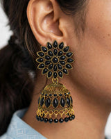 Antique Gold Black Stone Floral Jhumka Earrings with Pearl Drops