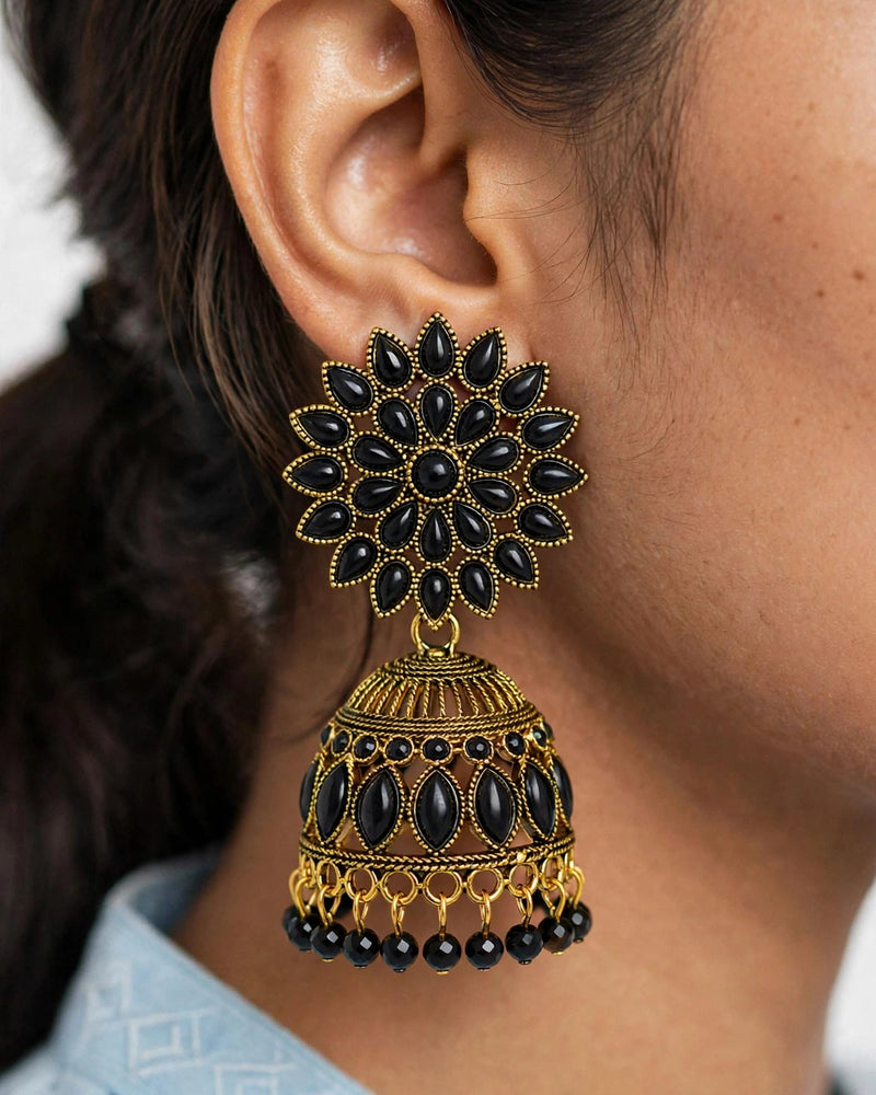 Antique Gold Black Stone Floral Jhumka Earrings with Pearl Drops