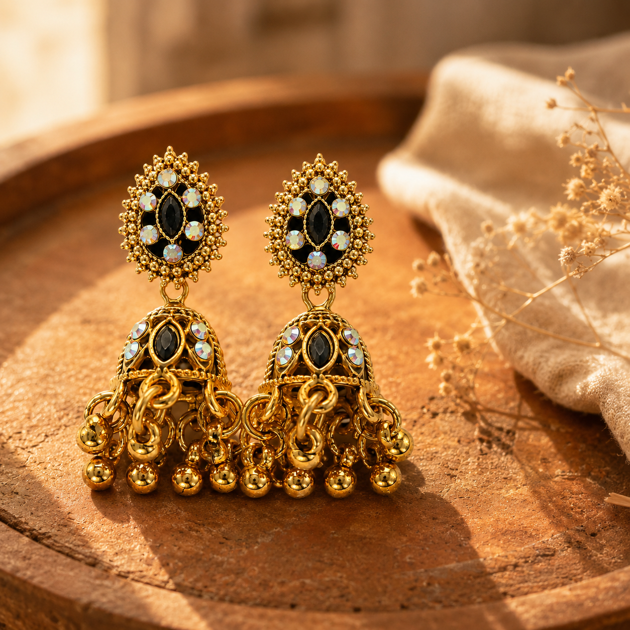 Close-up of a gold oxidised jhumka earring showing black centre stone and AB crystal detailing