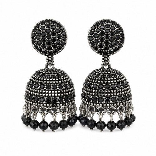 Oxidised silver jhumka earrings with black stones and bead drops