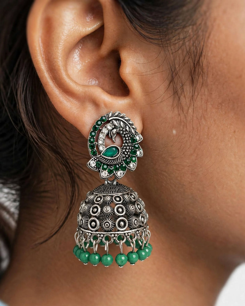 Oxidised Silver Peacock Enamel Jhumka Earrings with Green Stones