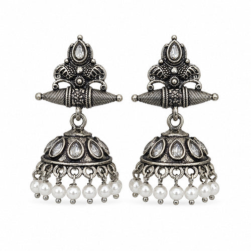 Oxidised silver jhumka earrings with kundan-style stones and pearl drops