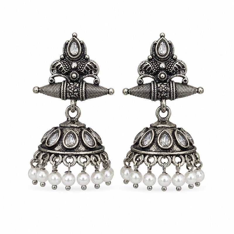 Oxidised silver jhumka earrings with kundan-style stones and pearl drops