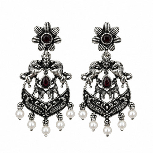 Oxidised silver clear stone jhumka earrings with bead drops