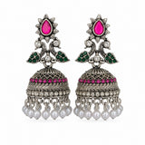 Oxidised silver pink stone jhumka earrings with green accents and pearl drops