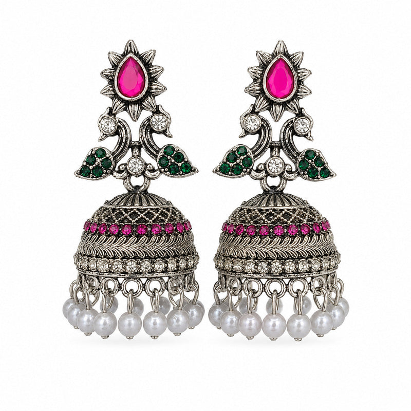 Oxidised silver pink stone jhumka earrings with green accents and pearl drops