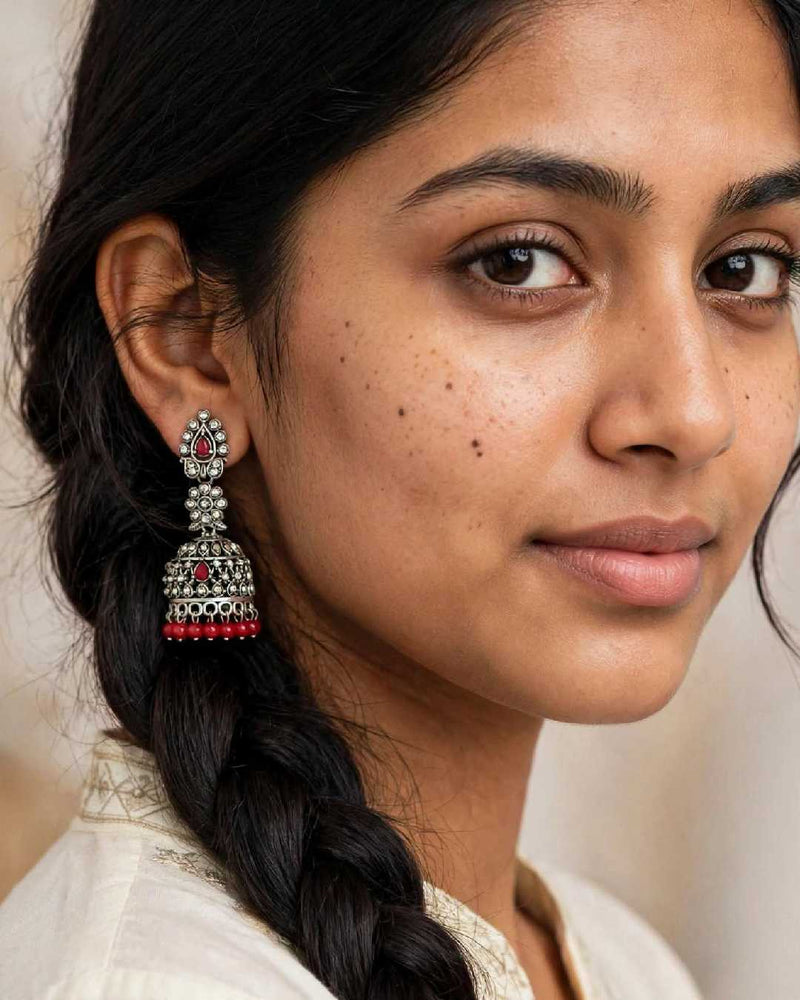 Oxidised Silver Red and Clear Stone Jhumka Earrings with Bead Drops