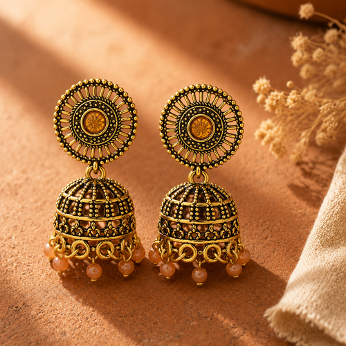 A pair of ornate gold-toned jhumka earrings with intricate filigree detailing and dangling peach beads, displayed on a textured terracotta surface with dried flowers and a linen corner in the background.