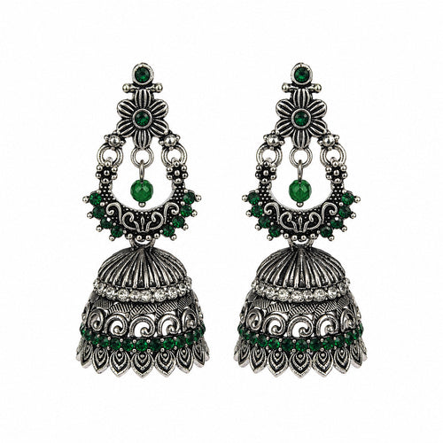 Oxidised silver floral chandbali earrings with green stones