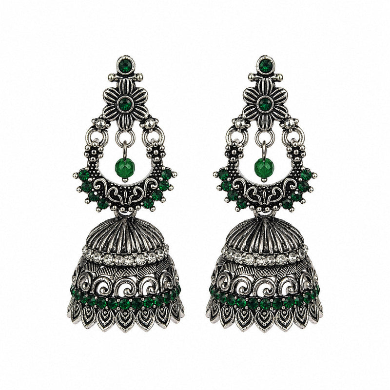 Oxidised silver floral chandbali earrings with green stones