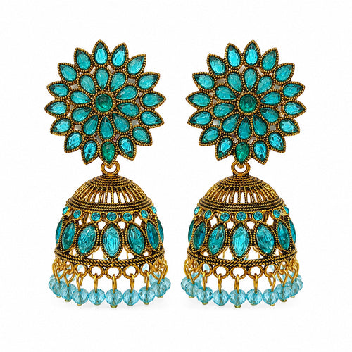 Antique gold turquoise stone floral jhumka earrings