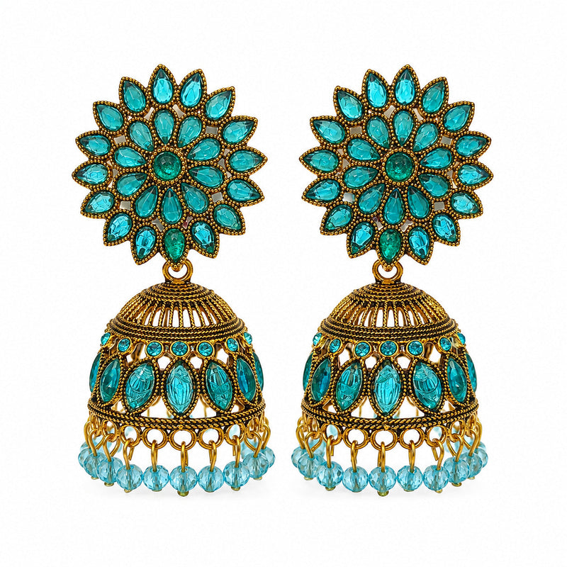 Antique gold turquoise stone floral jhumka earrings