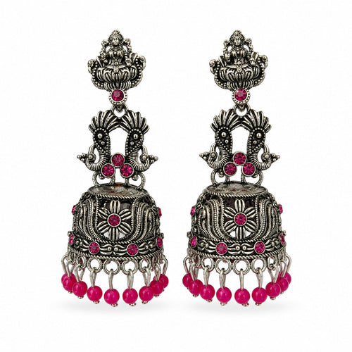 Oxidised silver Lakshmi peacock jhumka earrings with magenta beads