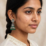 Oxidised Silver Lakshmi Green Stone Enamel Jhumka Earrings