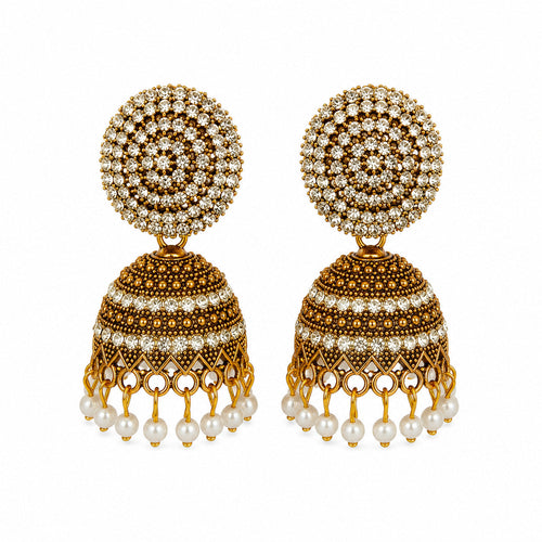 Antique gold jhumka earrings with clear stone disc top and pearl drops