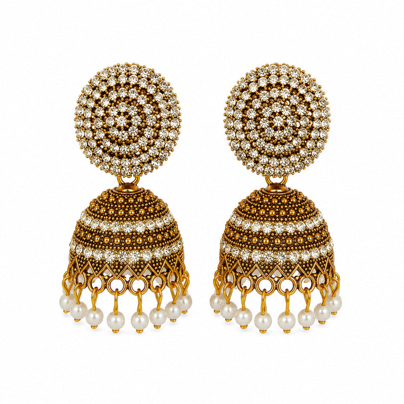 Antique gold jhumka earrings with clear stone disc top and pearl drops