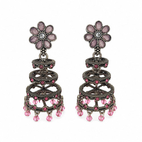 Oxidised silver chandelier earrings with pink floral stud and pink beads