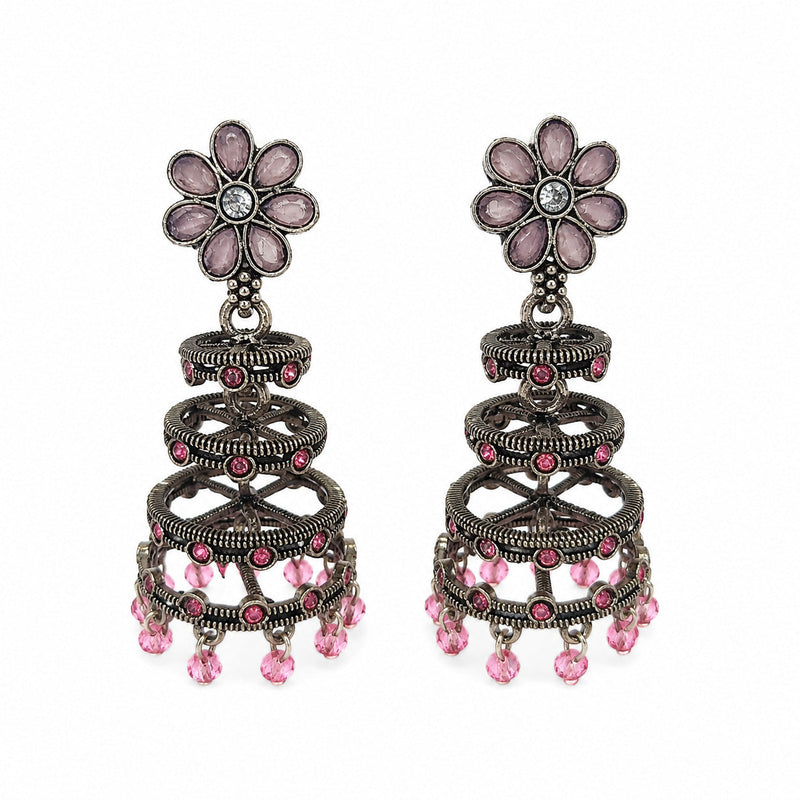 Oxidised silver chandelier earrings with pink floral stud and pink beads