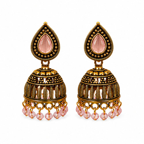 Antique gold ribbed jhumka earrings with rose pink stone
