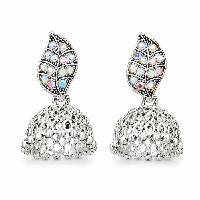 Silver oxidised leaf jhumka earrings with AB crystal detailing