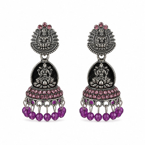 Silver Lakshmi temple jhumka earrings with purple stones and bead drops