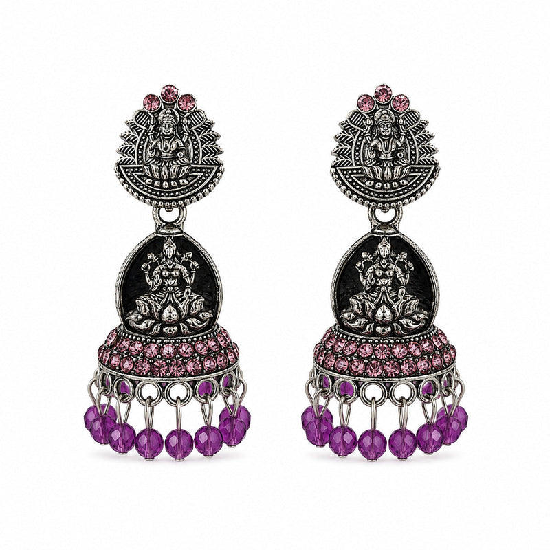 Silver Lakshmi temple jhumka earrings with purple stones and bead drops