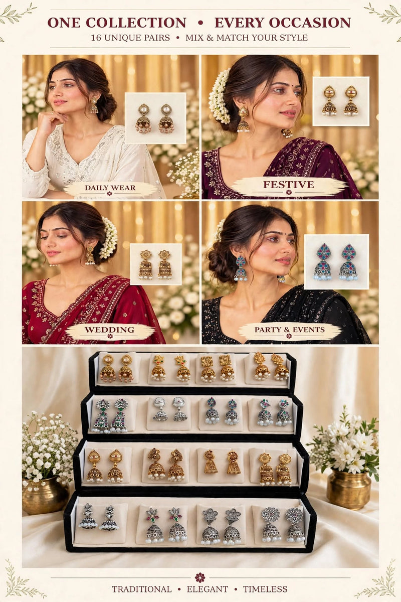 Model wearing temple jhumka earrings from the 16-pair box for daily wear, festive, wedding and party looks – Jaan Creations